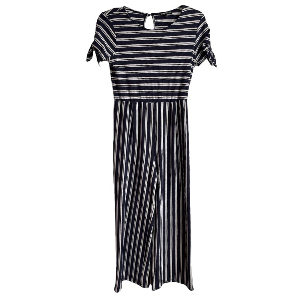 MY‎ MICHELLE Girl's Navy White Stripe Jumpsuit Large Keyhole Scoop Neck Stretch